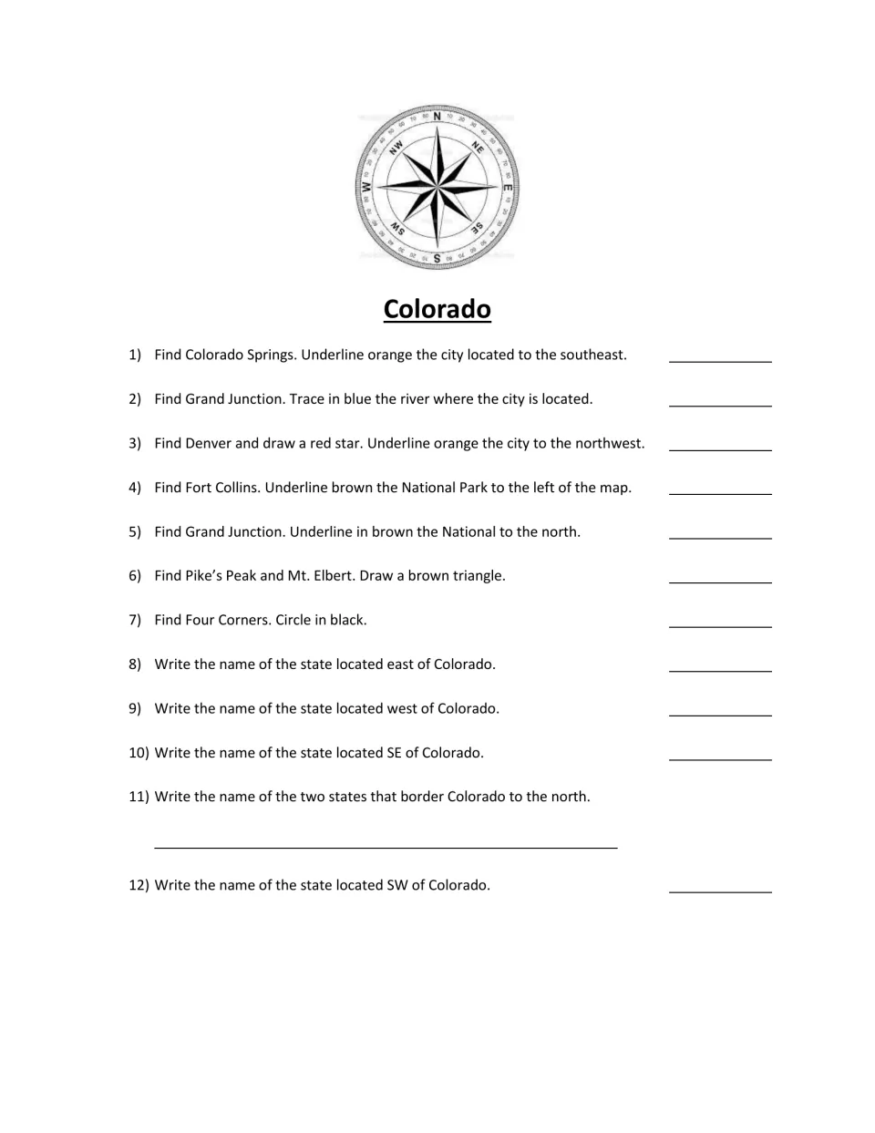 Colorado map directions: 12 questions to find cities, rivers, peaks and parks, then name bordering states by direction