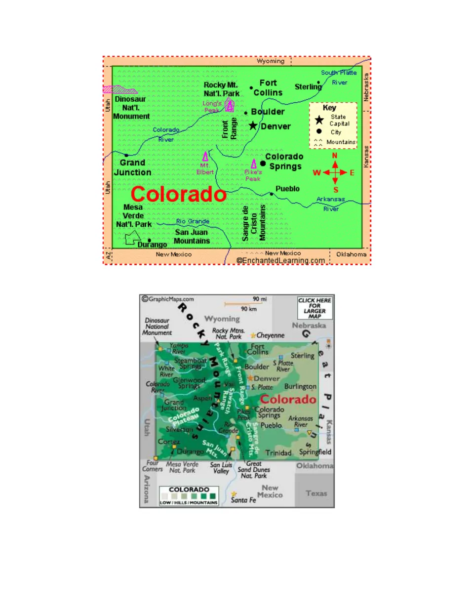 Two Colorado state maps showing Denver, Grand Junction, Pikes Peak, rivers, national parks and bordering states