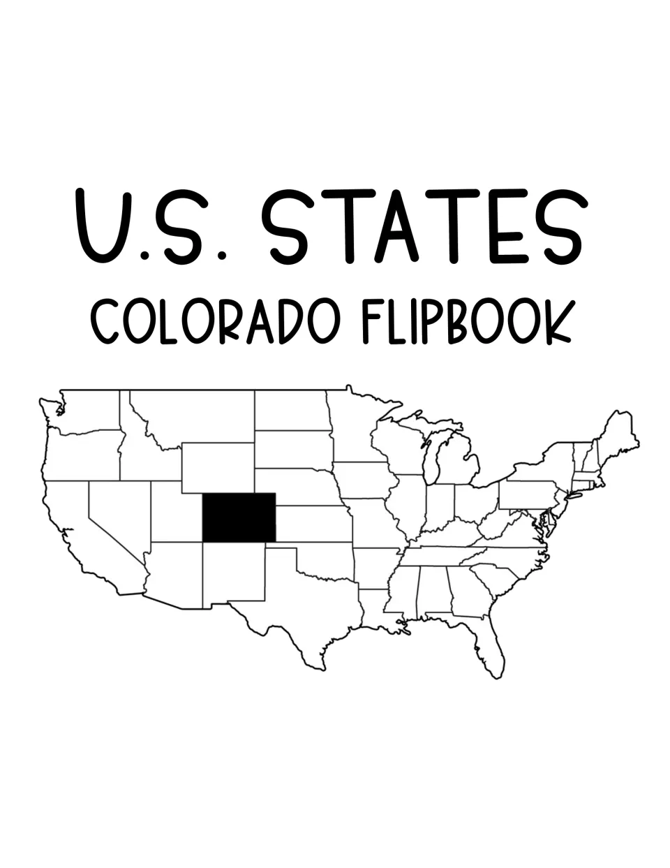 U.S. States Colorado flipbook cover with a United States map that has Colorado shaded in black