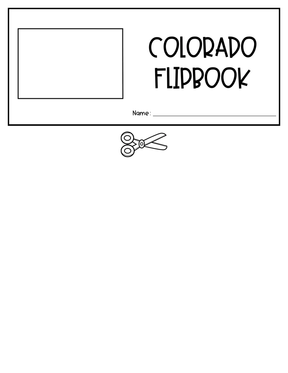 Colorado flipbook title flap with a blank picture space and a name line; students cut along the scissors mark