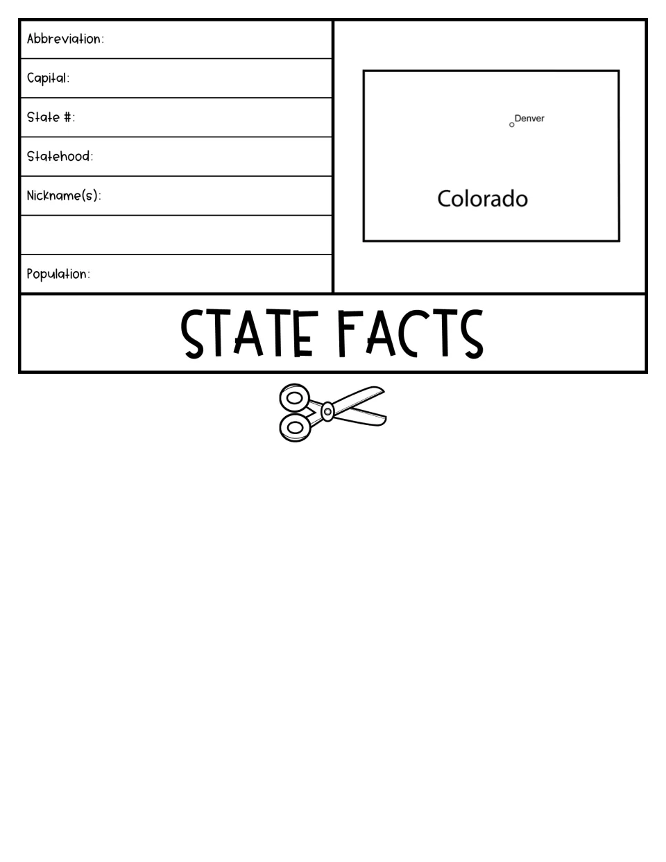 State facts flap: students record Colorado's abbreviation, capital, state number, statehood, nicknames and population