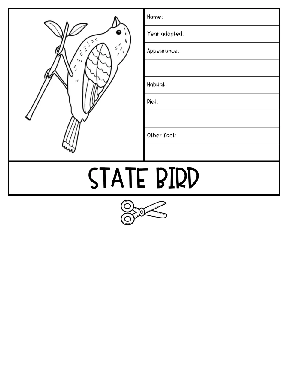 State bird flap with a bird to color; students write its name, year adopted, appearance, habitat, diet and another fact