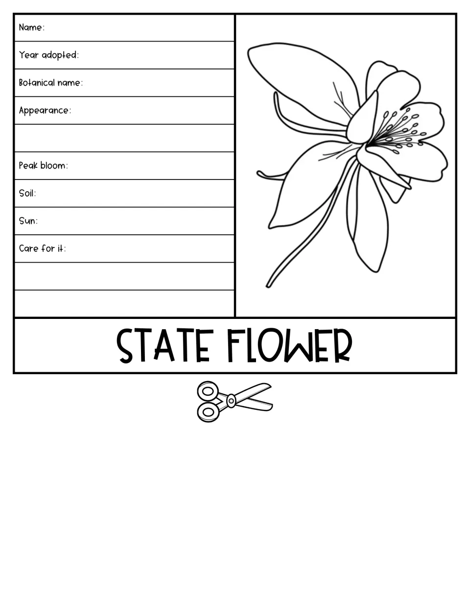 State flower flap with a flower to color; students note name, botanical name, year adopted, peak bloom, soil, sun and care