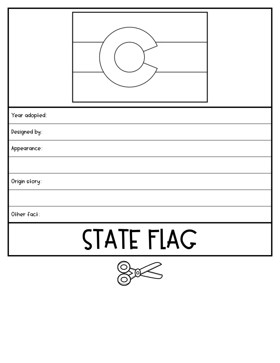 State flag flap: students color the striped flag with a C and record year adopted, designer, appearance and origin story