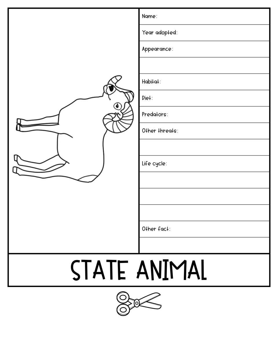 State animal flap with a ram to color; students list its name, habitat, diet, predators, threats, life cycle and a fact