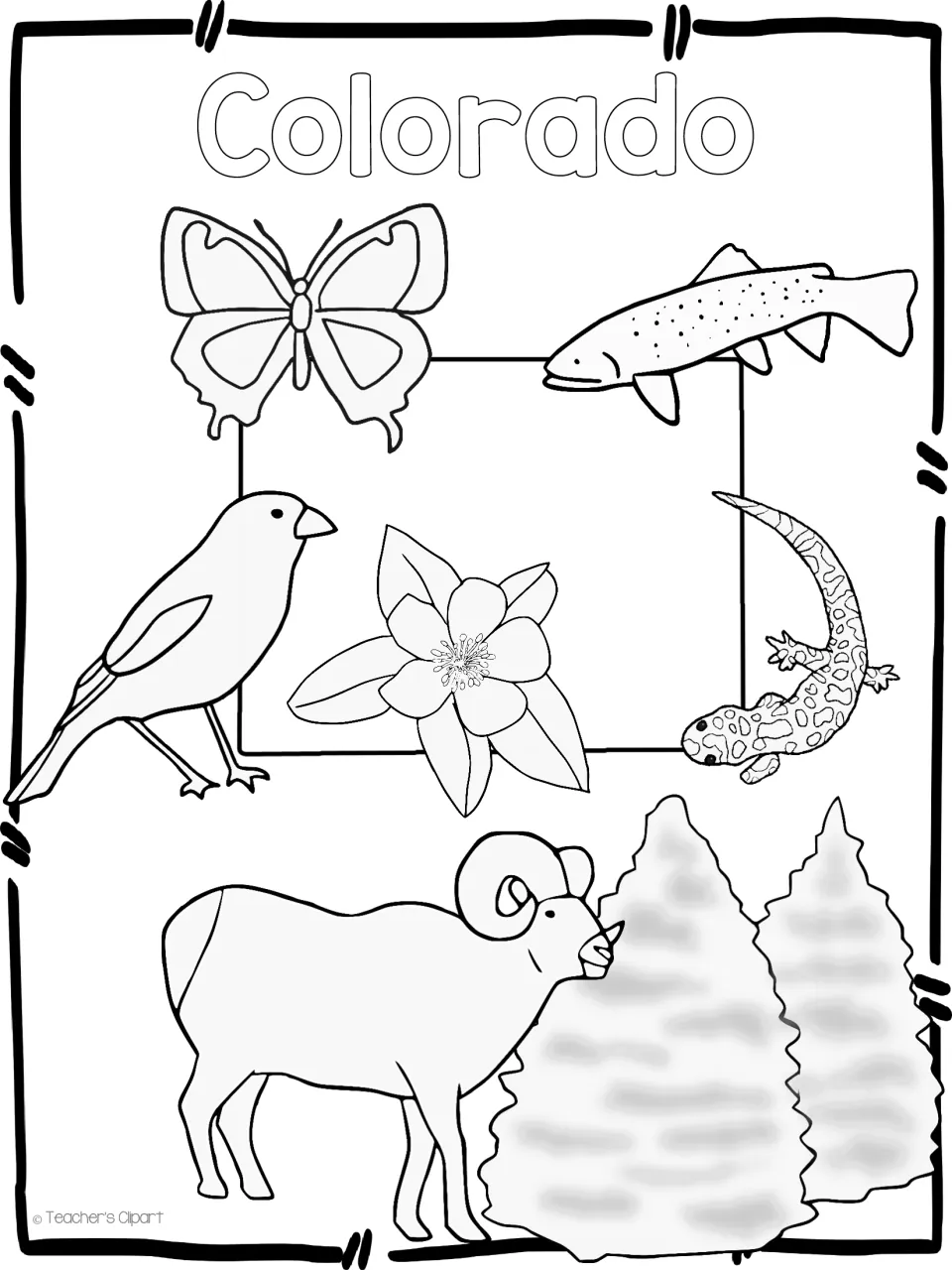 Colorado symbols colouring page: butterfly, trout, bird, columbine, salamander, bighorn sheep and spruce trees to colour