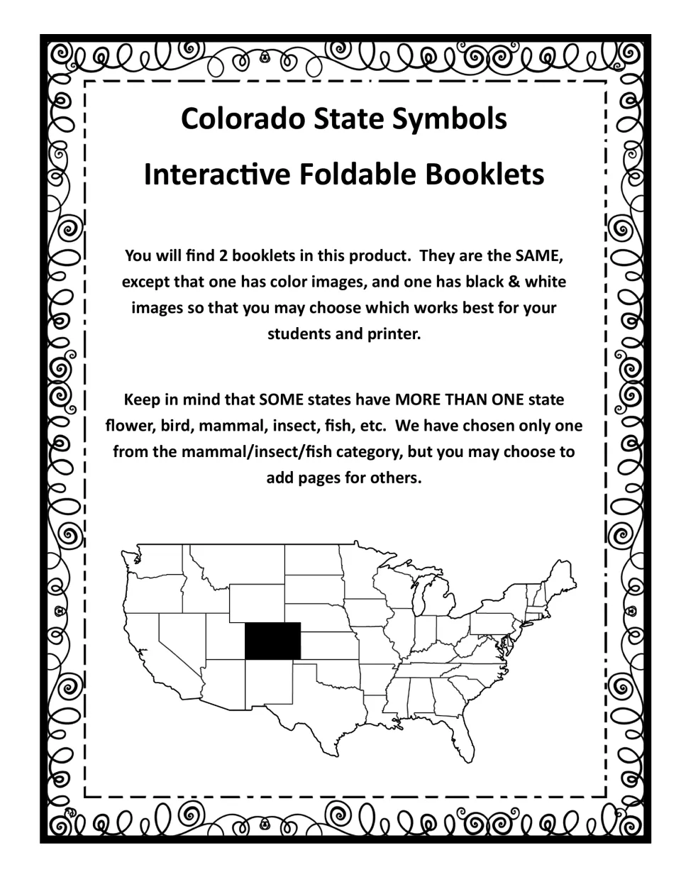 Teacher note: two identical booklets, one in color and one in black and white; Colorado shaded on a U.S. outline map