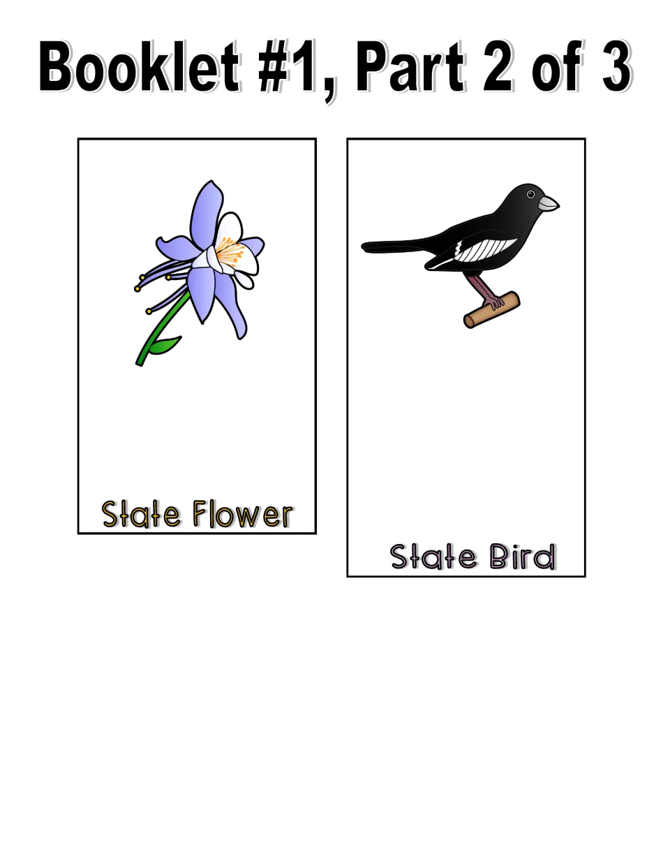 Color booklet, part 2: State Flower page with a blue and white flower and State Bird page with a black and white bird