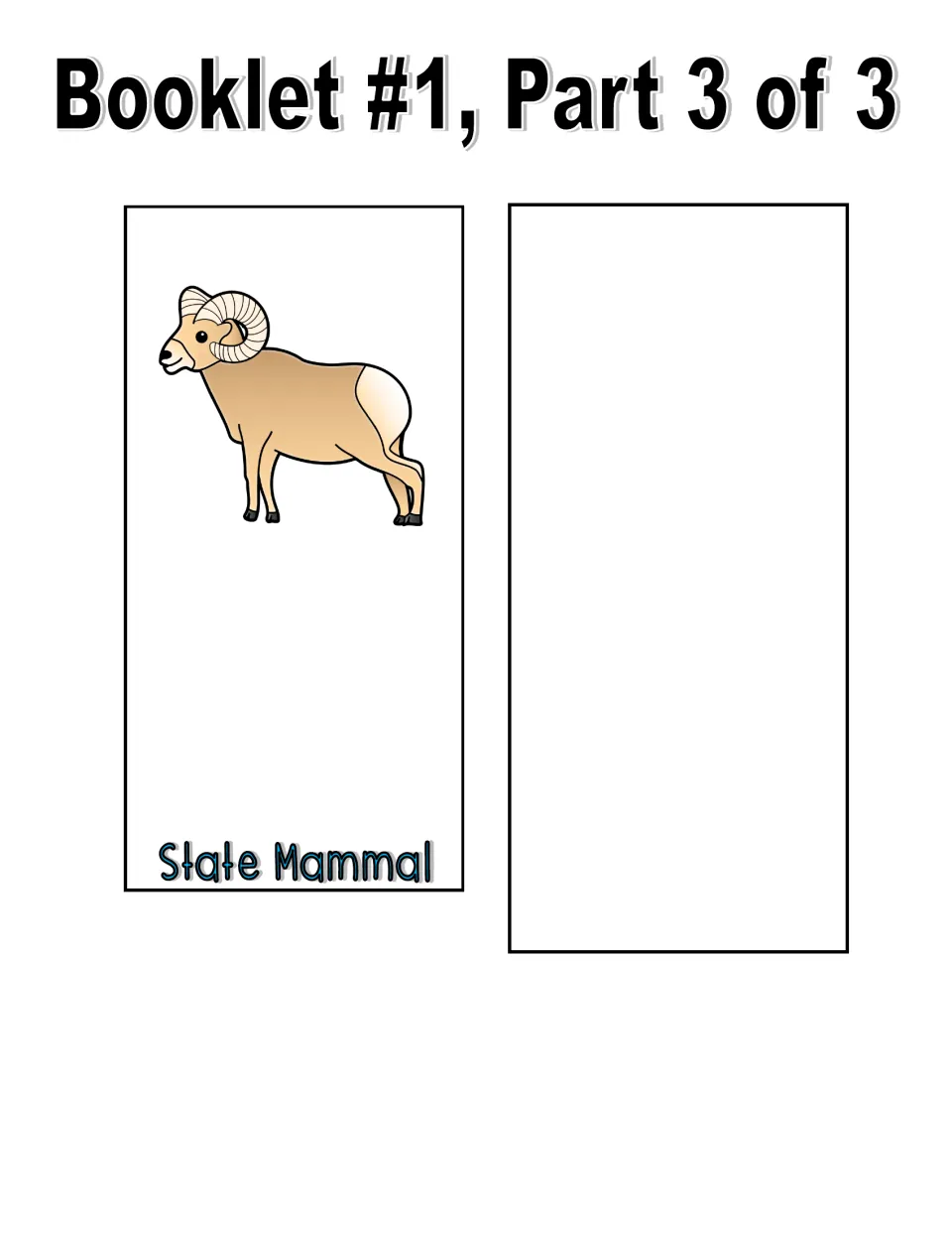 Color booklet, part 3: State Mammal page showing a ram, plus a blank extra page for writing about another state symbol