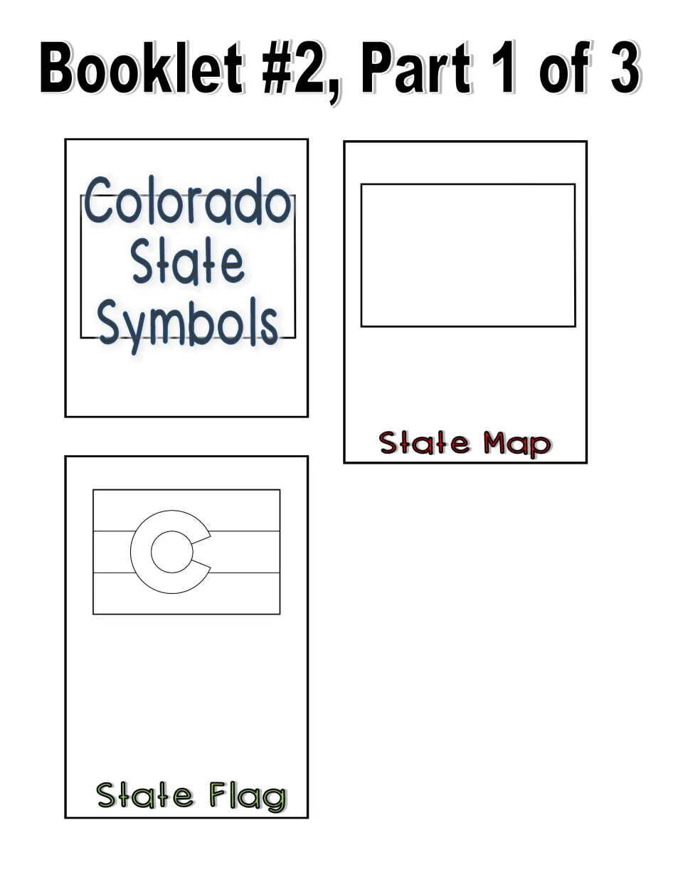 Black-and-white booklet, part 1: title page, blank state outline to label with cities, and outline flag to color in