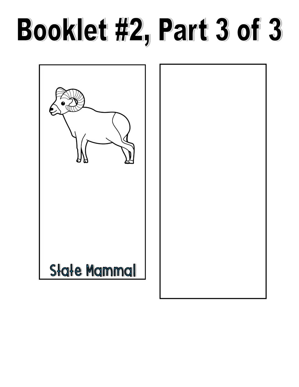 Black-and-white booklet, part 3: outline drawing of a ram on the State Mammal page and an empty page for an extra symbol