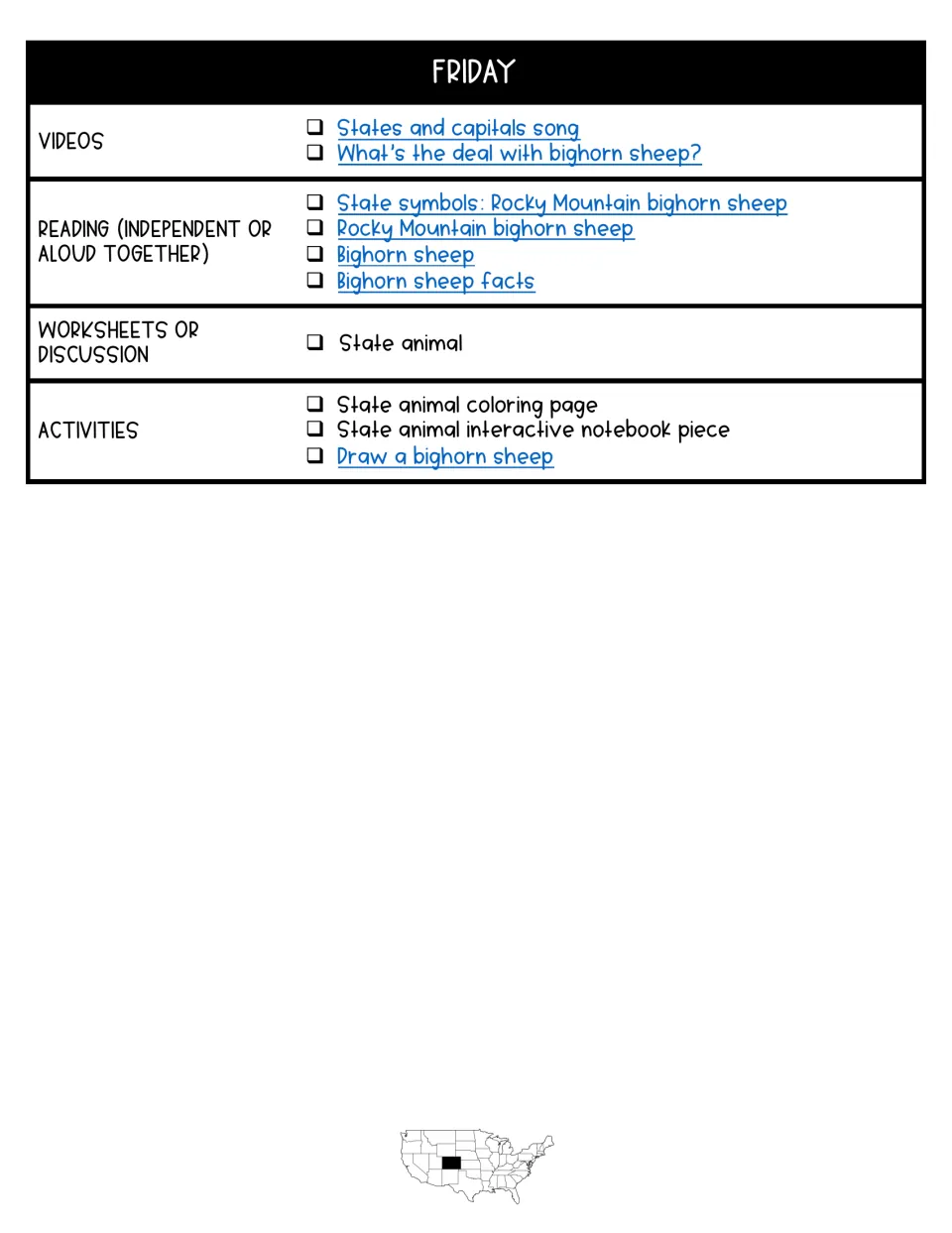 Friday plan on the Rocky Mountain bighorn sheep: videos, readings, a state animal worksheet and a drawing activity