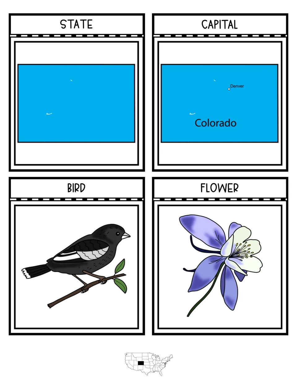 Colorado notebook flaps for state, capital with Denver marked, a lark bunting bird and a columbine flower to cut and fold