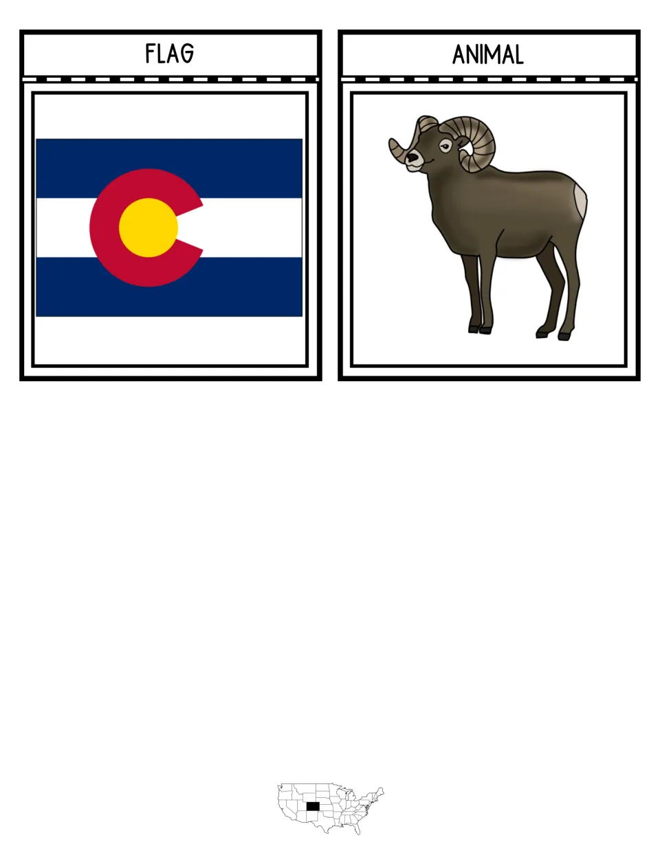Colorado notebook flaps for the state flag with its red C and gold disc and a bighorn sheep as the state animal