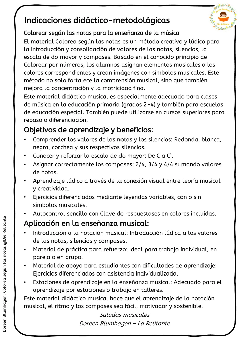 Teacher notes in Spanish: how the color-by-note method works, its goals and uses for individual, group or station work