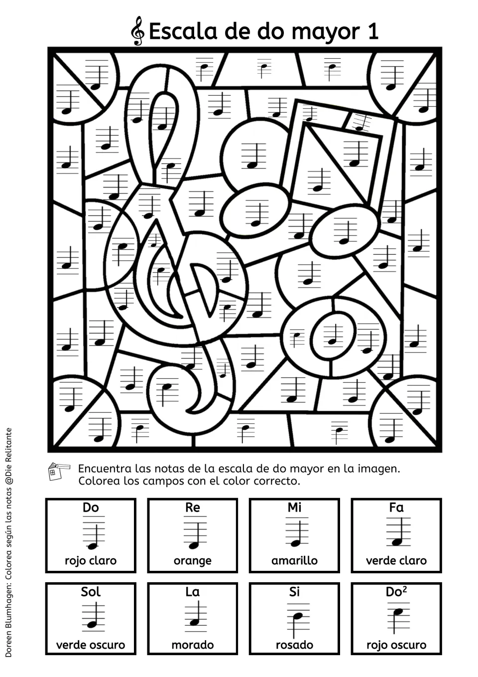 Escala de do mayor 1: students read notes on the staff and color a treble clef picture, using a key of note, name and color