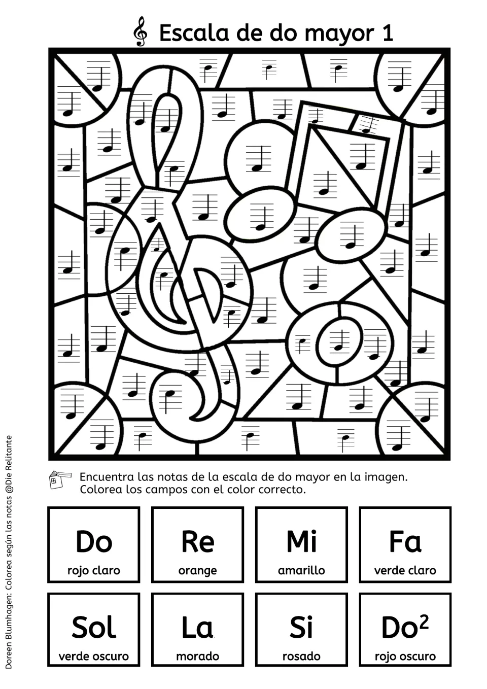 Escala de do mayor 1, treble clef picture: students identify staff notes and color from solfège names and color words