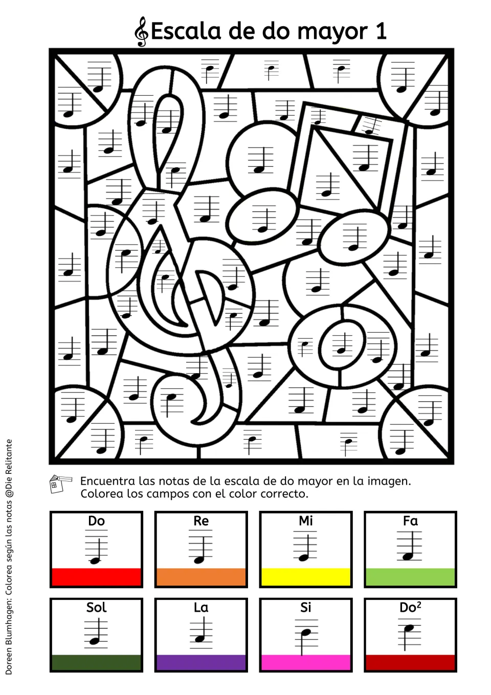 Escala de do mayor 1, treble clef picture: note reading with a key pairing each staff note and name with a color swatch
