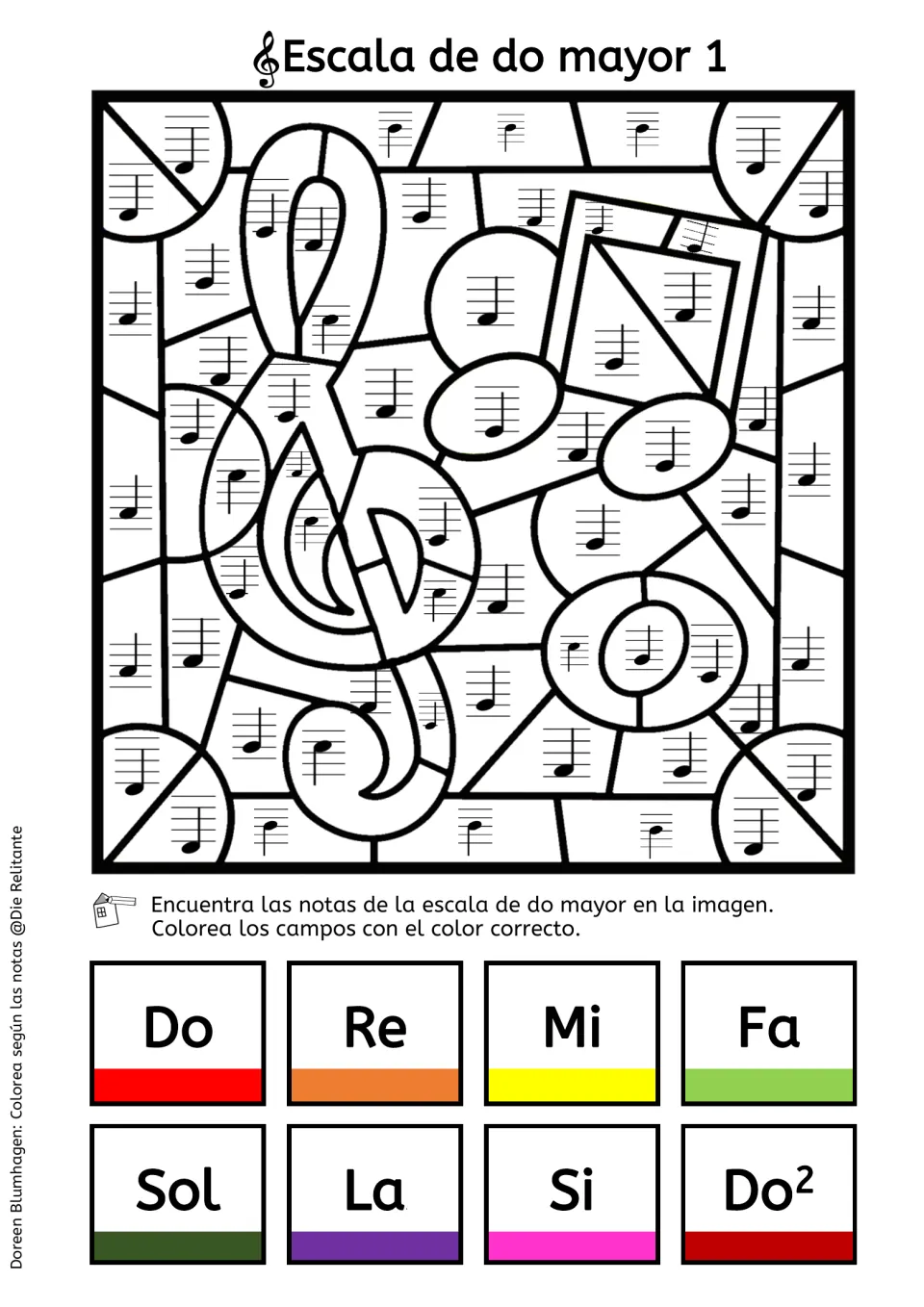 Escala de do mayor 1, treble clef picture: students name each staff note and color it by solfège names and swatches