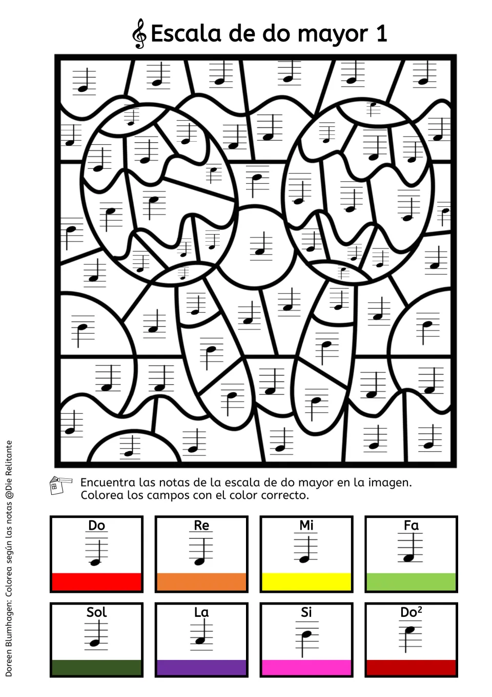 Maracas color-by-note for Escala de do mayor 1: note reading from a key of staff notes, solfège names and color swatches
