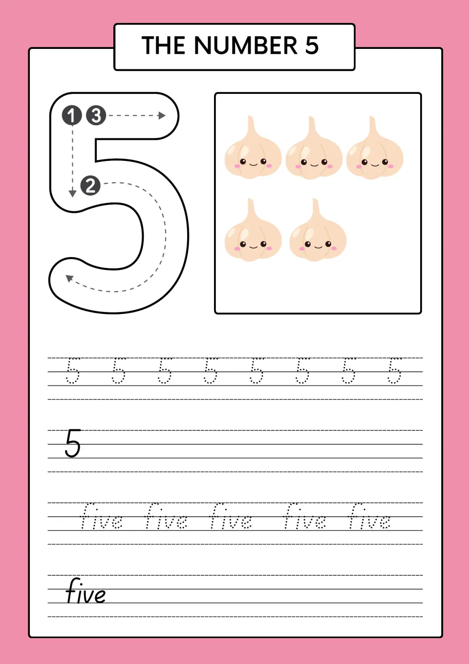 The number 5: students count five garlic bulbs, trace 5 with the numbered strokes, then write the digit 5 and five