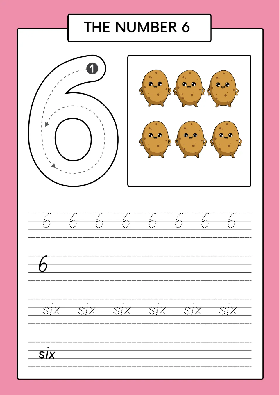The number 6: students count six cartoon potatoes, trace a 6 from the start dot, then trace and write 6 and six