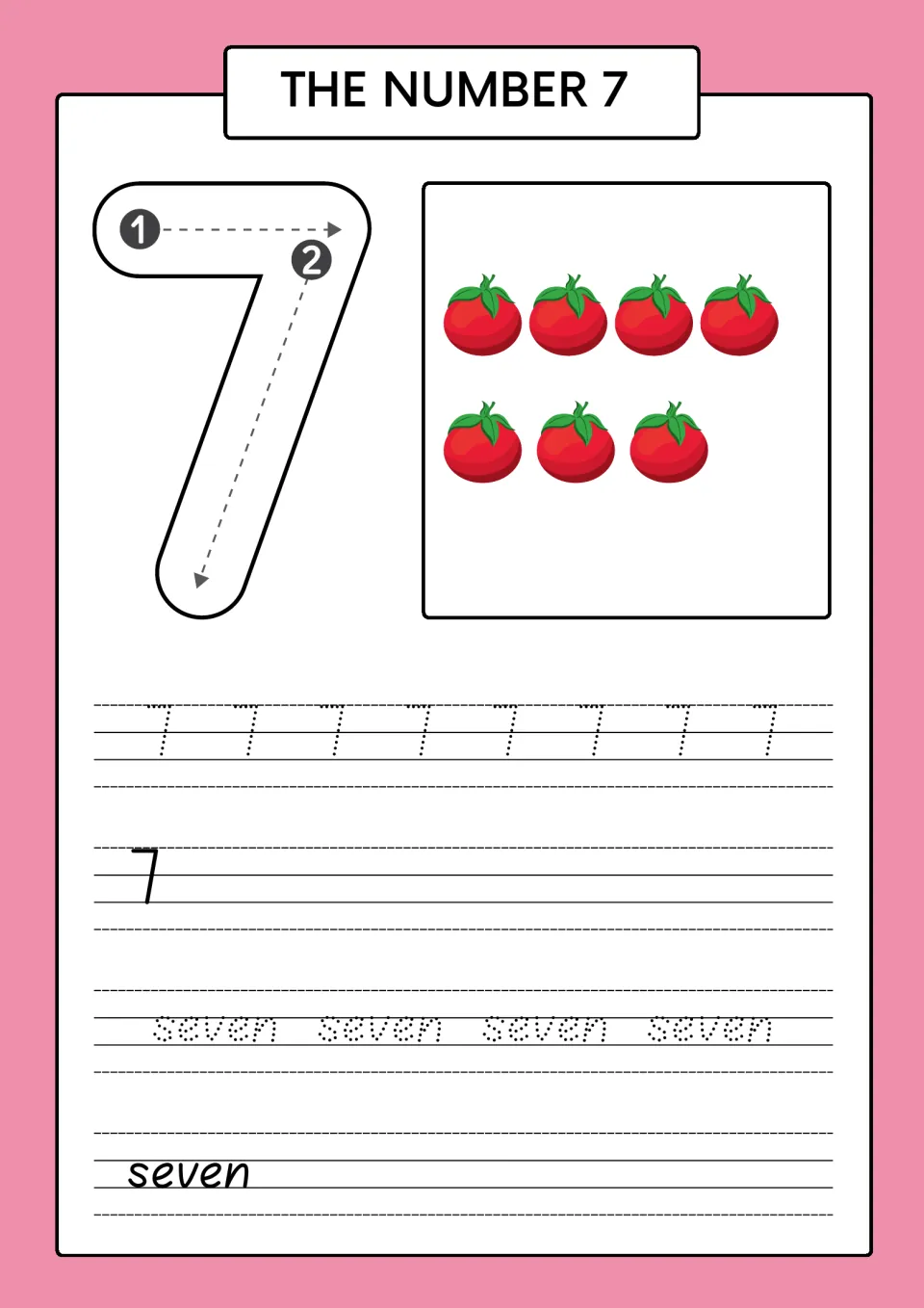 The number 7: students count seven tomatoes, trace a 7 in two strokes, then write 7 on the lines and trace seven