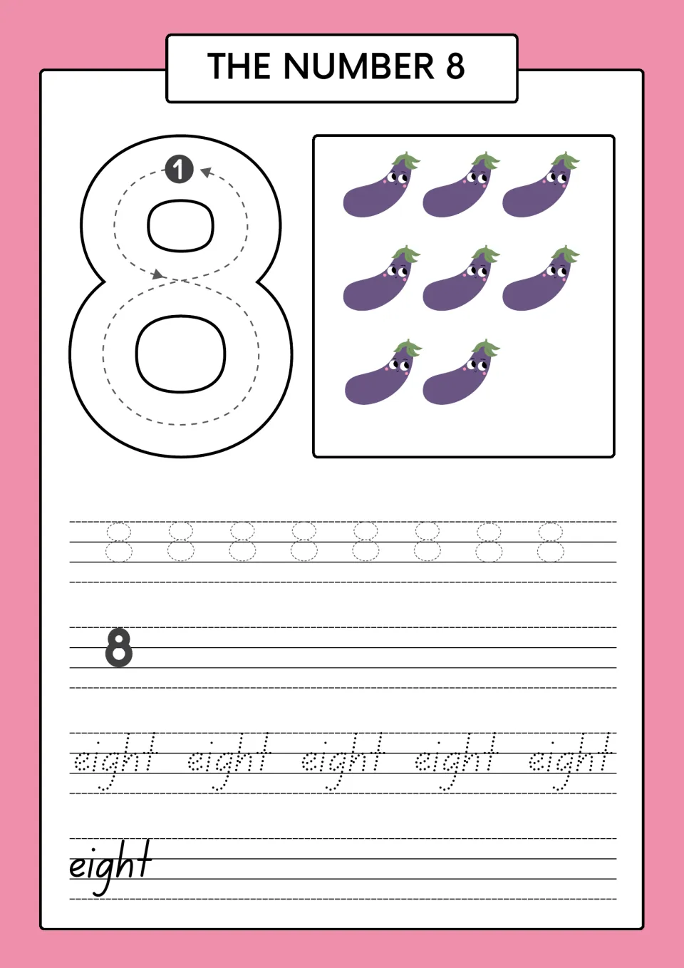 The number 8: students count eight eggplants, trace a looping 8 from the start dot, then write 8 and the word eight