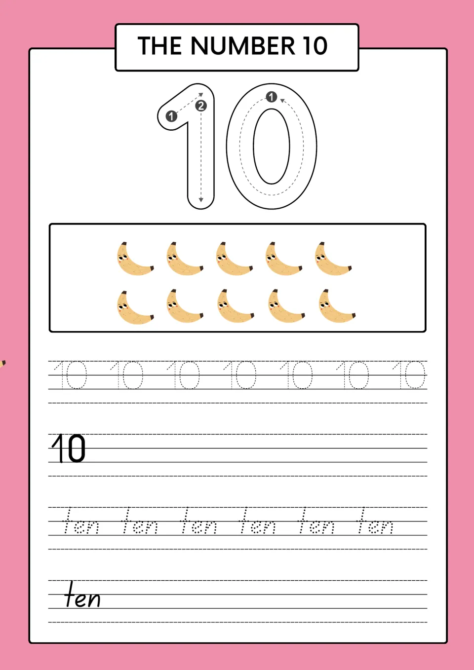 The number 10: students count ten bananas in two rows of five, trace both digits of 10, then write 10 and the word ten