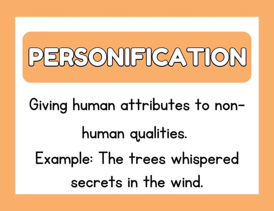 Personification poster about human attributes, with the example 'The trees whispered secrets in the wind'