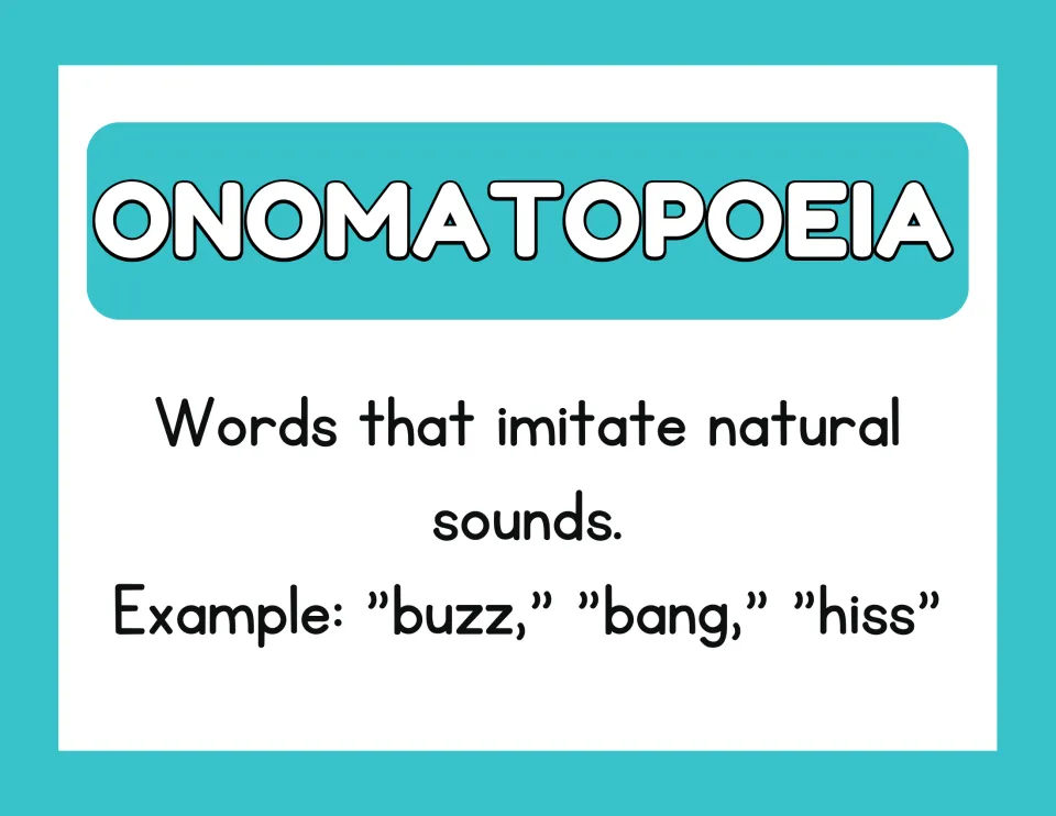 Onomatopoeia poster defining words that imitate natural sounds, with examples 'buzz,' 'bang,' and 'hiss'