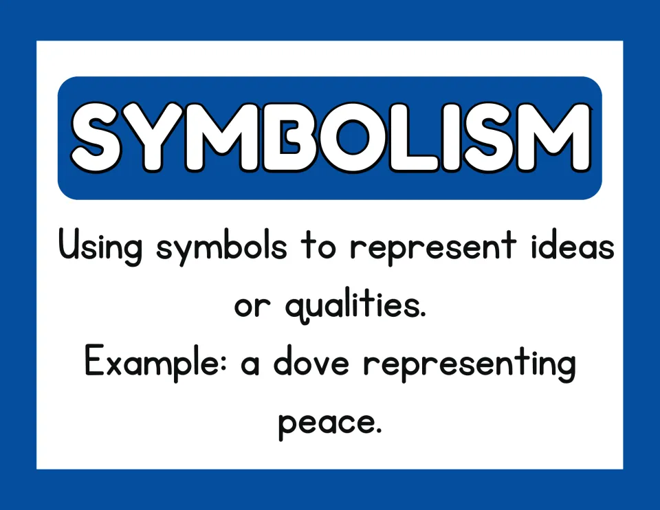 Symbolism poster defining symbols that represent ideas or qualities, with a dove representing peace as the example