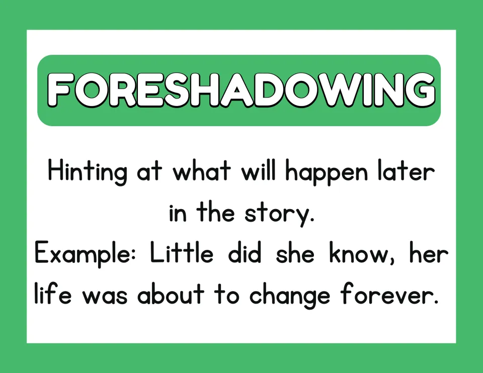 Foreshadowing poster defining hints of later story events, with an example about a life about to change forever