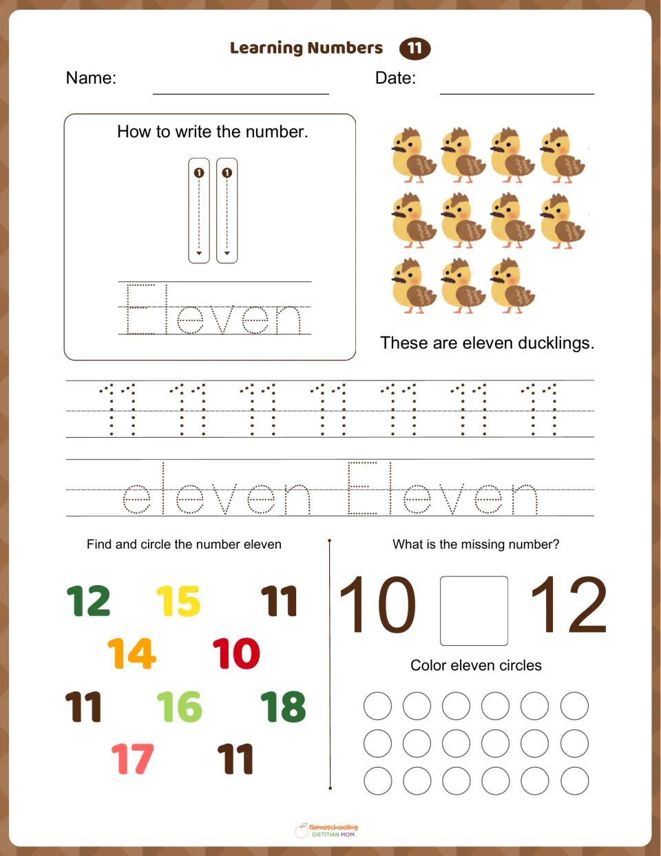 Number 11 worksheet: trace 11 and eleven, count 11 ducklings, find 11, and complete 10, __, 12.