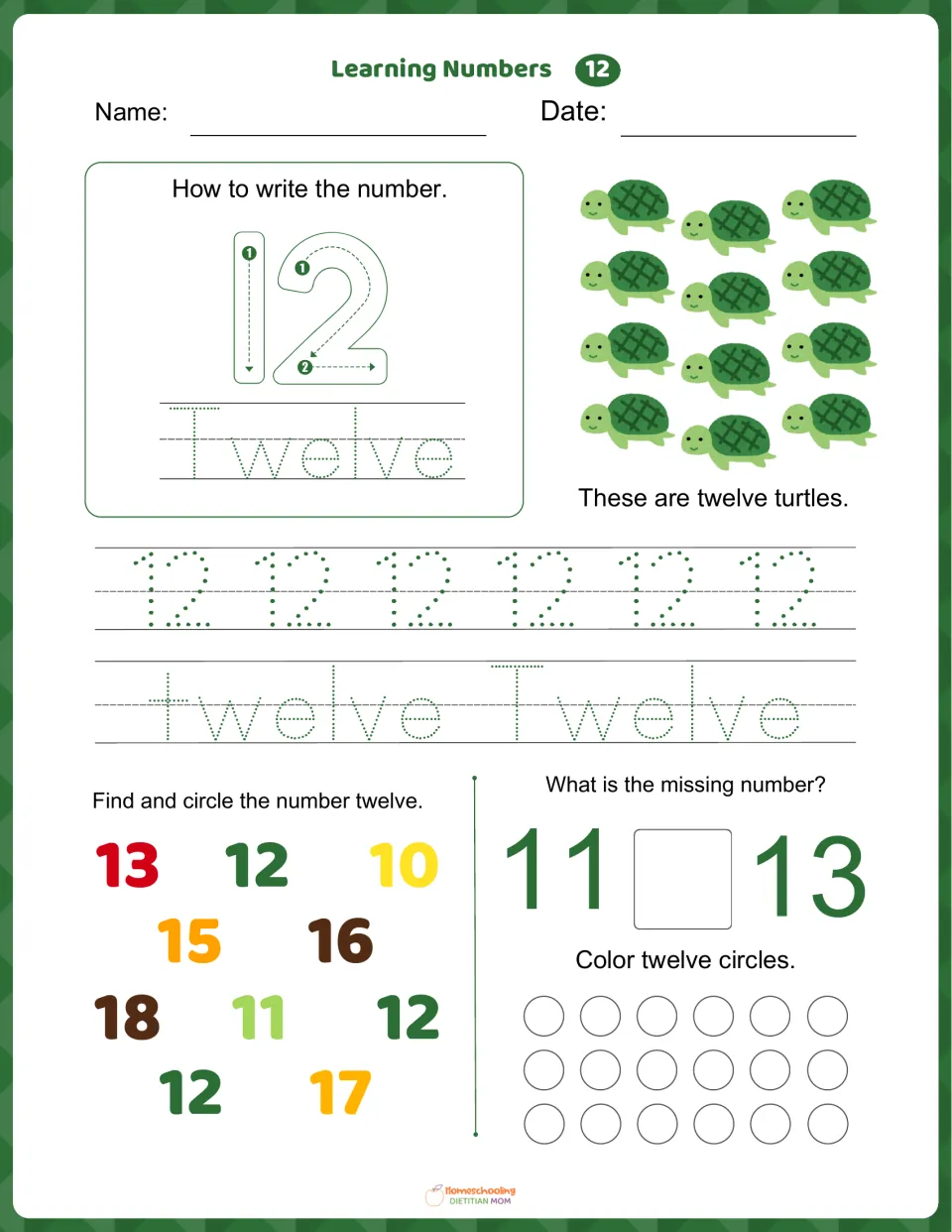 Number 12 worksheet: trace 12 and twelve, count 12 turtles, find 12, and complete 11, __, 13.