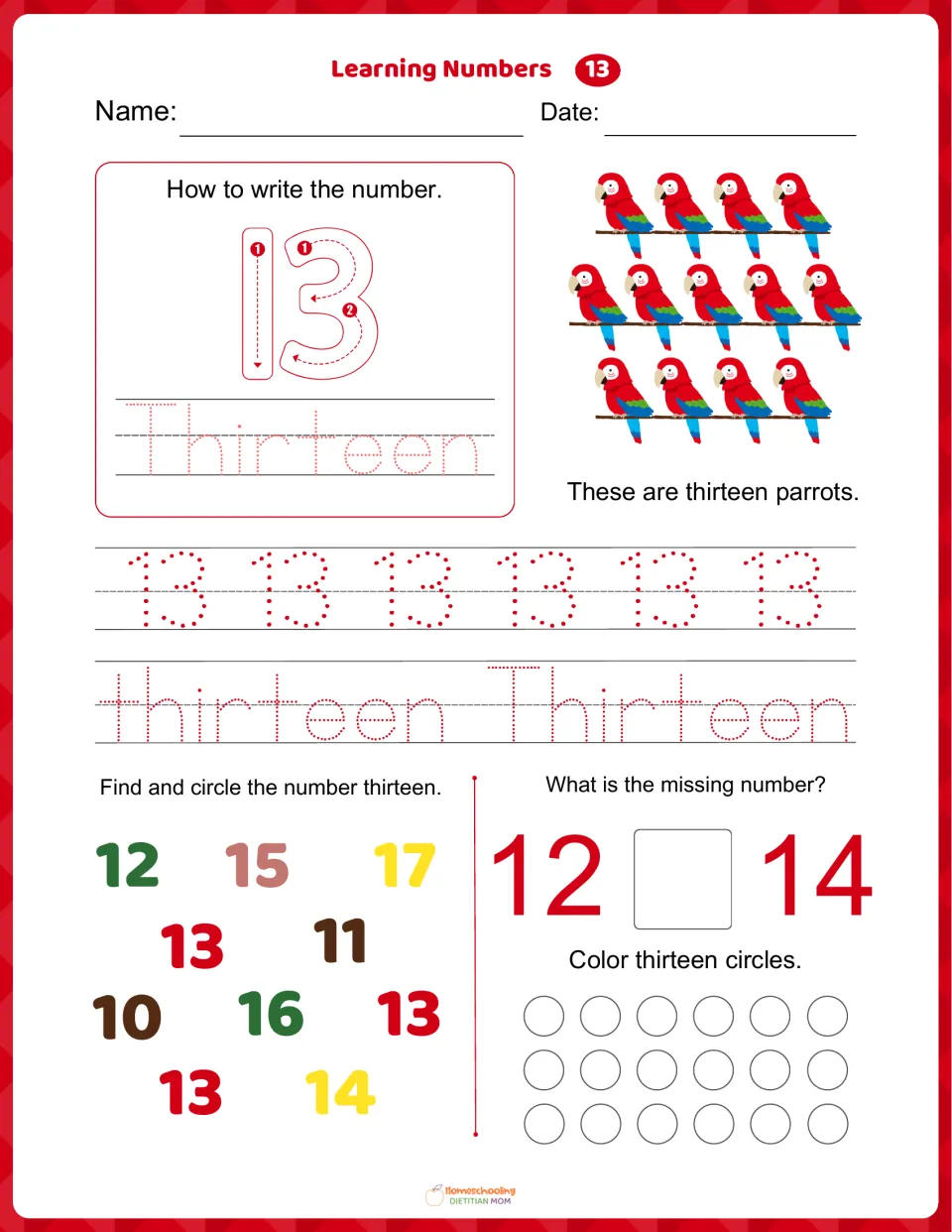 Number 13 worksheet: trace 13 and thirteen, count 13 parrots, find 13, and complete 12, __, 14.