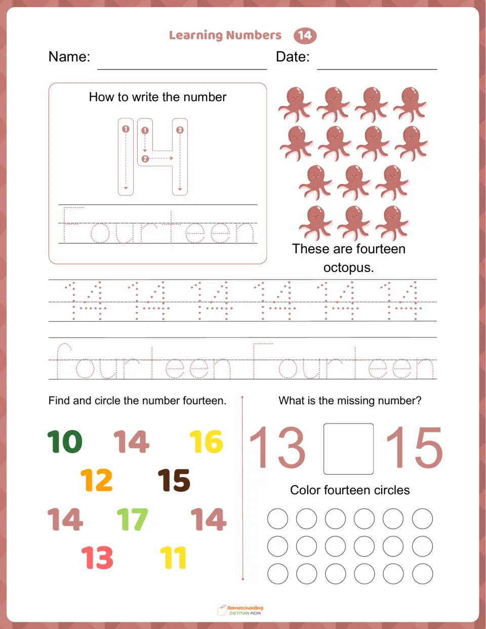 Number 14 worksheet: trace 14 and fourteen, count 14 octopuses, find 14, and complete 13, __, 15.