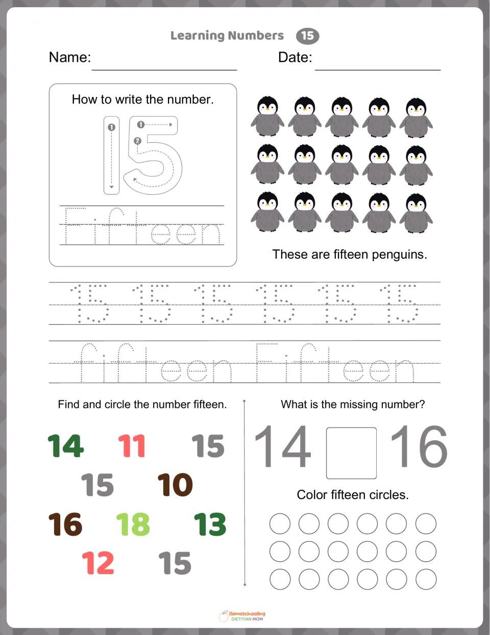 Number 15 worksheet: trace 15 and fifteen, count 15 penguins, find 15, and complete 14, __, 16.