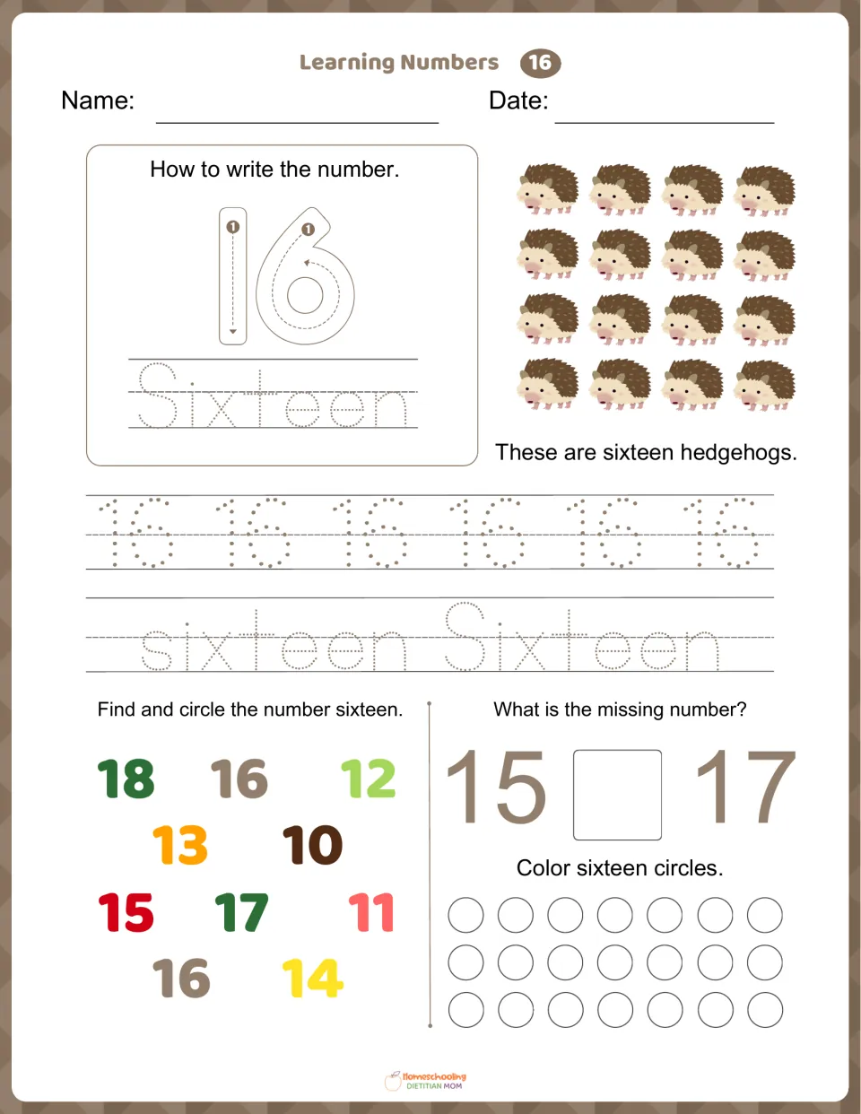 Number 16 worksheet: trace 16 and sixteen, count 16 hedgehogs, find 16, and complete 15, __, 17.