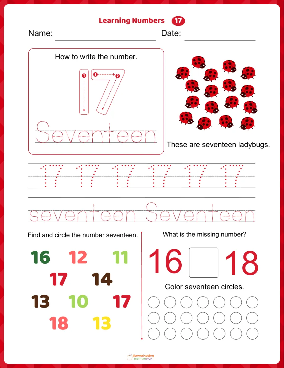 Number 17 worksheet: trace 17 and seventeen, count 17 ladybugs, find 17, and complete 16, __, 18.