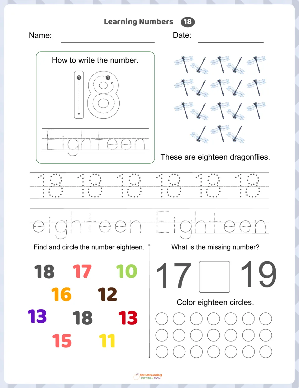 Number 18 worksheet: trace 18 and eighteen, count 18 dragonflies, find 18, and complete 17, __, 19.
