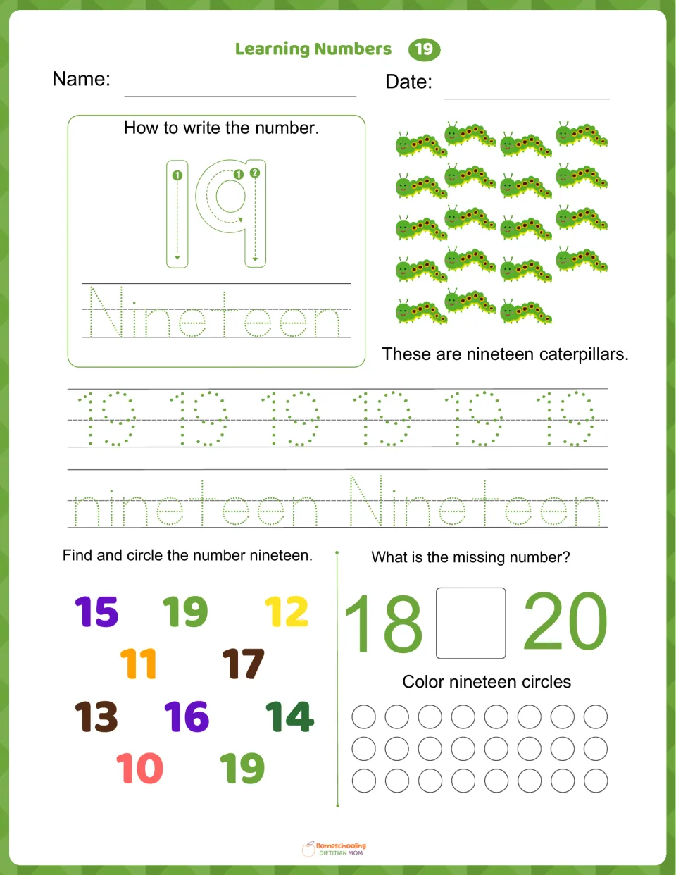 Number 19 worksheet: trace 19 and nineteen, count 19 caterpillars, find 19, and complete 18, __, 20.