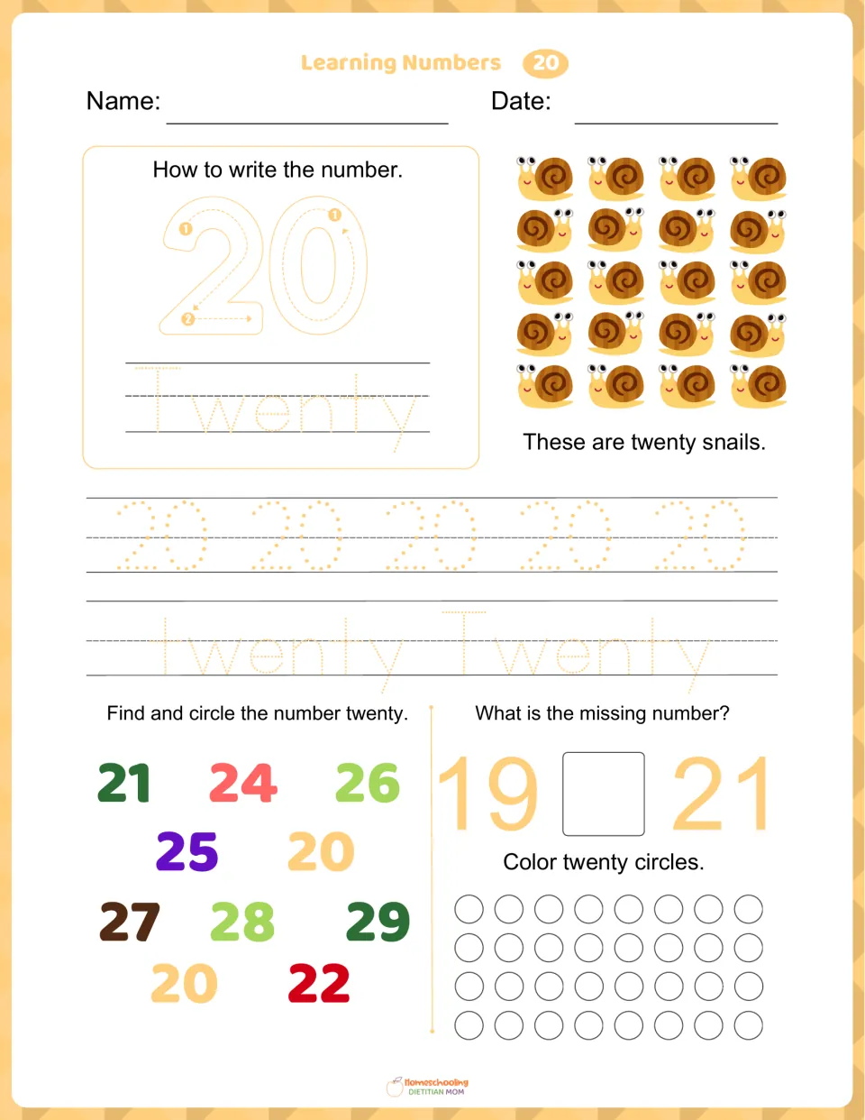 Number 20 worksheet: trace 20 and twenty, count 20 snails, find 20, and complete 19, __, 21.