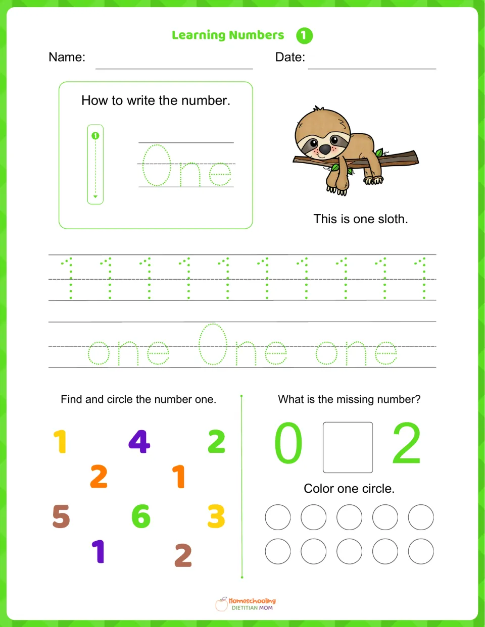 Learning Numbers 1: students trace 1 and one, count one sloth, circle each 1, fill in 0 _ 2, color one circle