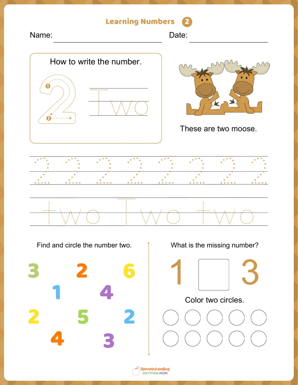 Learning Numbers 2: students trace 2 and two, count two moose, circle each 2, fill in 1 _ 3, color two circles