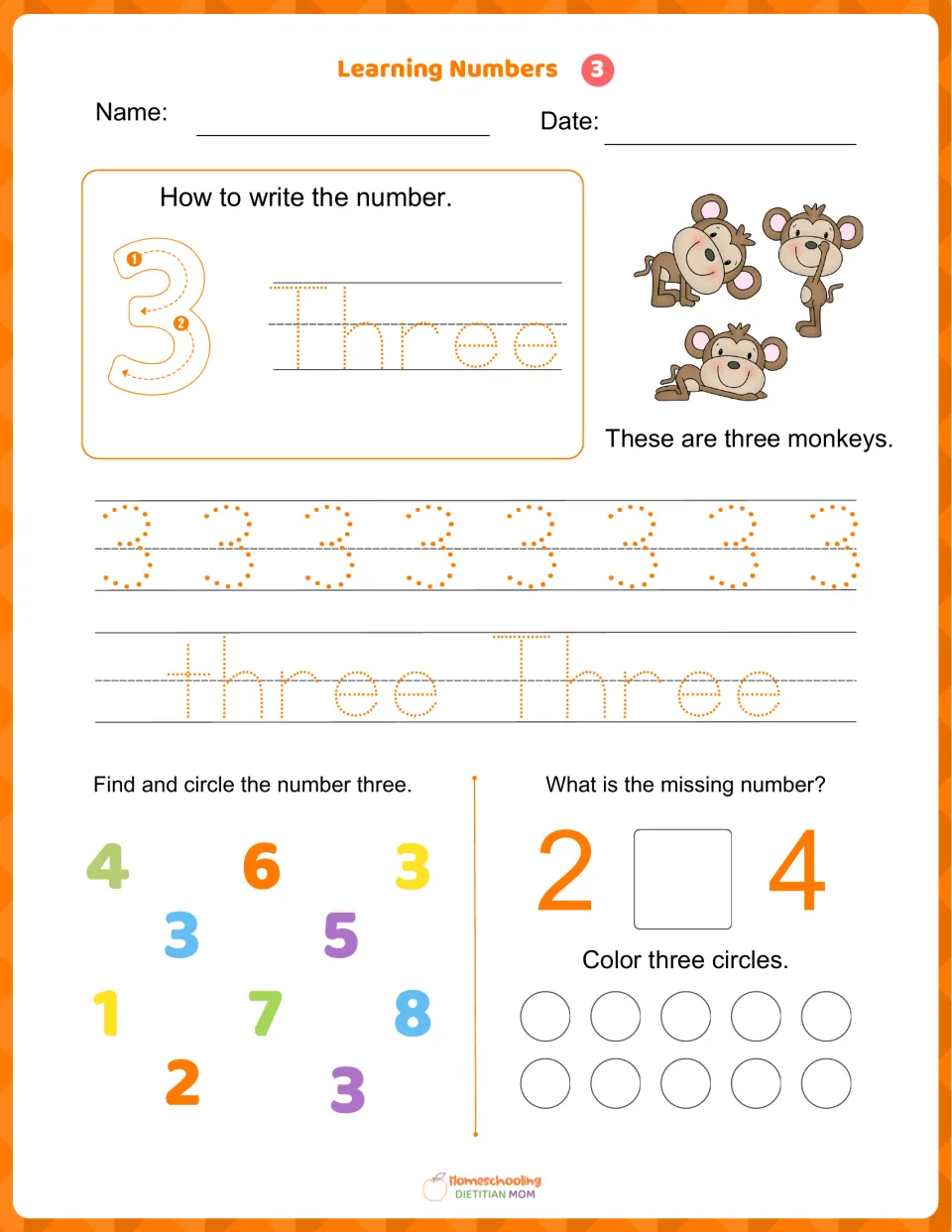 Learning Numbers 3: students trace 3 and three, count three monkeys, circle each 3, fill in 2 _ 4, color three circles