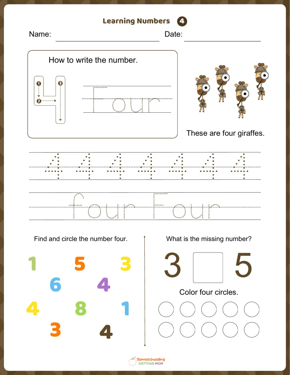 Learning Numbers 4: students trace 4 and four, count four giraffes, circle each 4, fill in 3 _ 5, color four circles