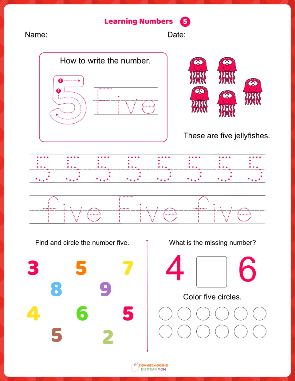 Learning Numbers 5: students trace 5 and five, count five jellyfish, circle each 5, fill in 4 _ 6, color five circles