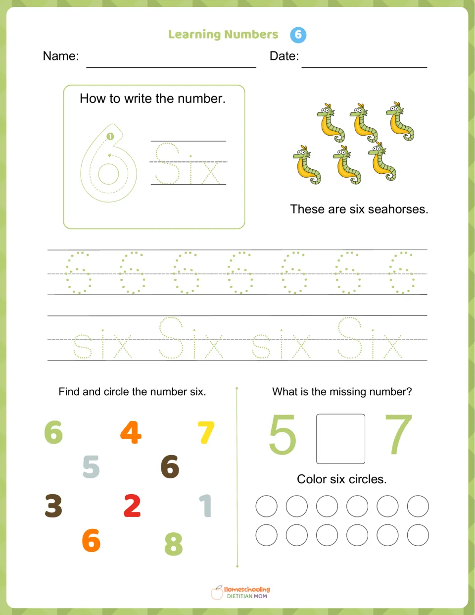 Learning Numbers 6: students trace 6 and six, count six seahorses, circle each 6, fill in 5 _ 7, color six circles