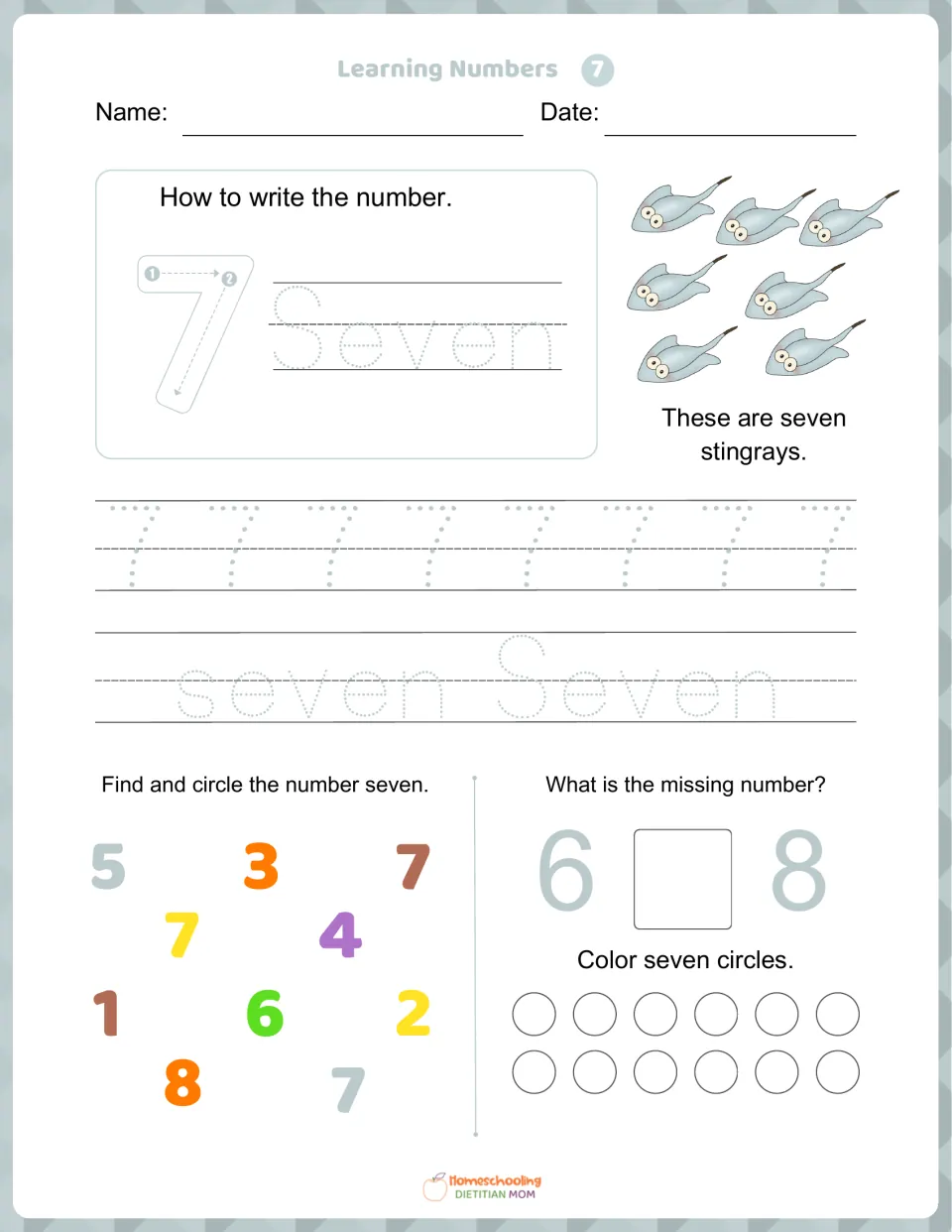 Learning Numbers 7: students trace 7 and seven, count seven stingrays, circle each 7, fill in 6 _ 8, color seven circles